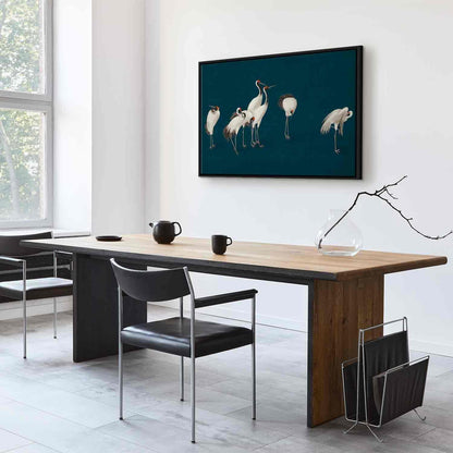 Leinwandbild - Evening by the pond - a group of cranes drawn in dry pastel on a dark turquoise background