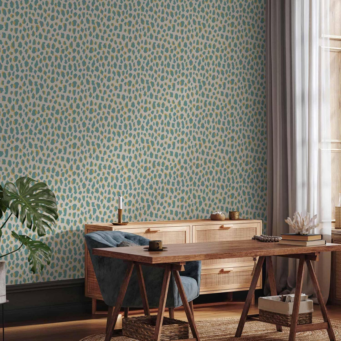 Tapete - Giraffe Pattern - animal pattern in turquoise spots on a light background