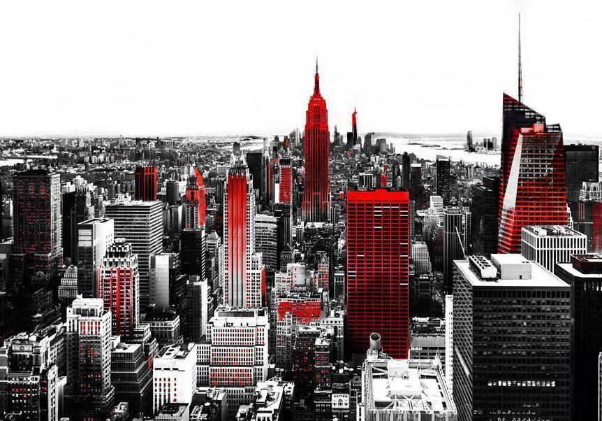 Fototapete Sin City – Schwarz-Weiß Skyline mit rotem Akzent