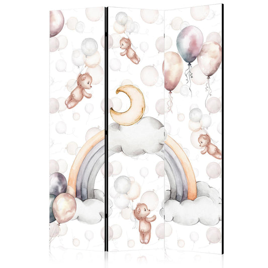 Paravent - Plush Bears with Balloons - Flying Light-Brown Bears Among Balloons - Clouds - and Rainbows in Subdued - Pastel Hues Artgeist