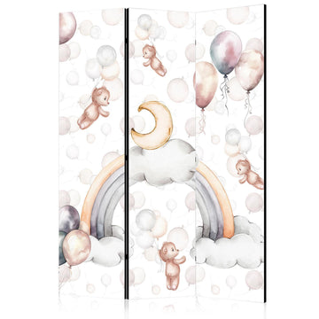 Paravent - Plush Bears with Balloons - Flying Light-Brown Bears Among Balloons - Clouds - and Rainbows in Subdued - Pastel Hues Artgeist
