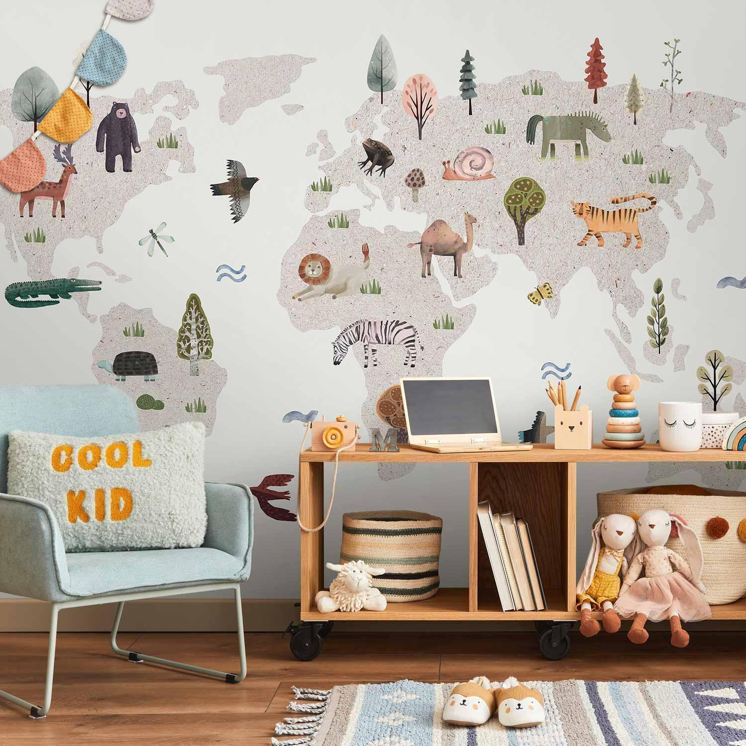 Fototapete - Beige World - Continents With Animals in Muted Colours Artgeist