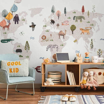 Fototapete - Beige World - Continents With Animals in Muted Colours Artgeist