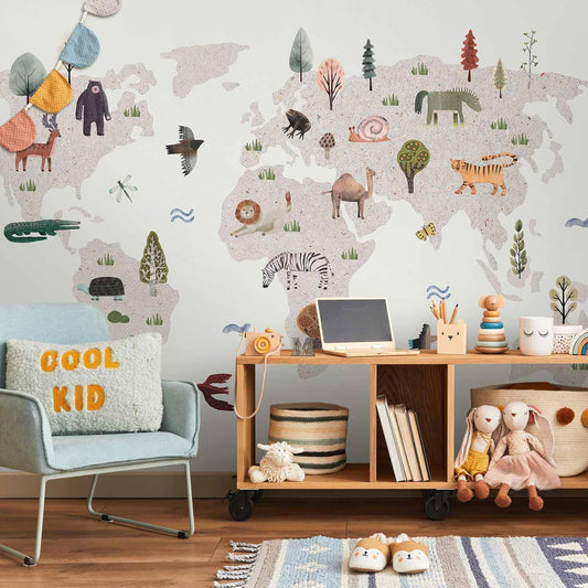 Fototapete - Beige World - Continents With Animals in Muted Colours Artgeist