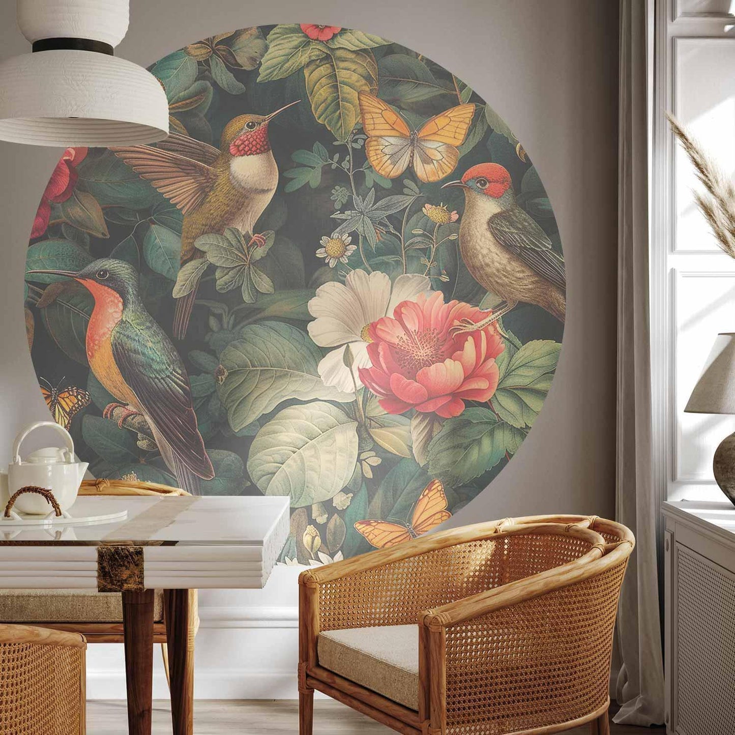 Runde Fototapete - Flowers, birds and butterflies – vintage-style illustration