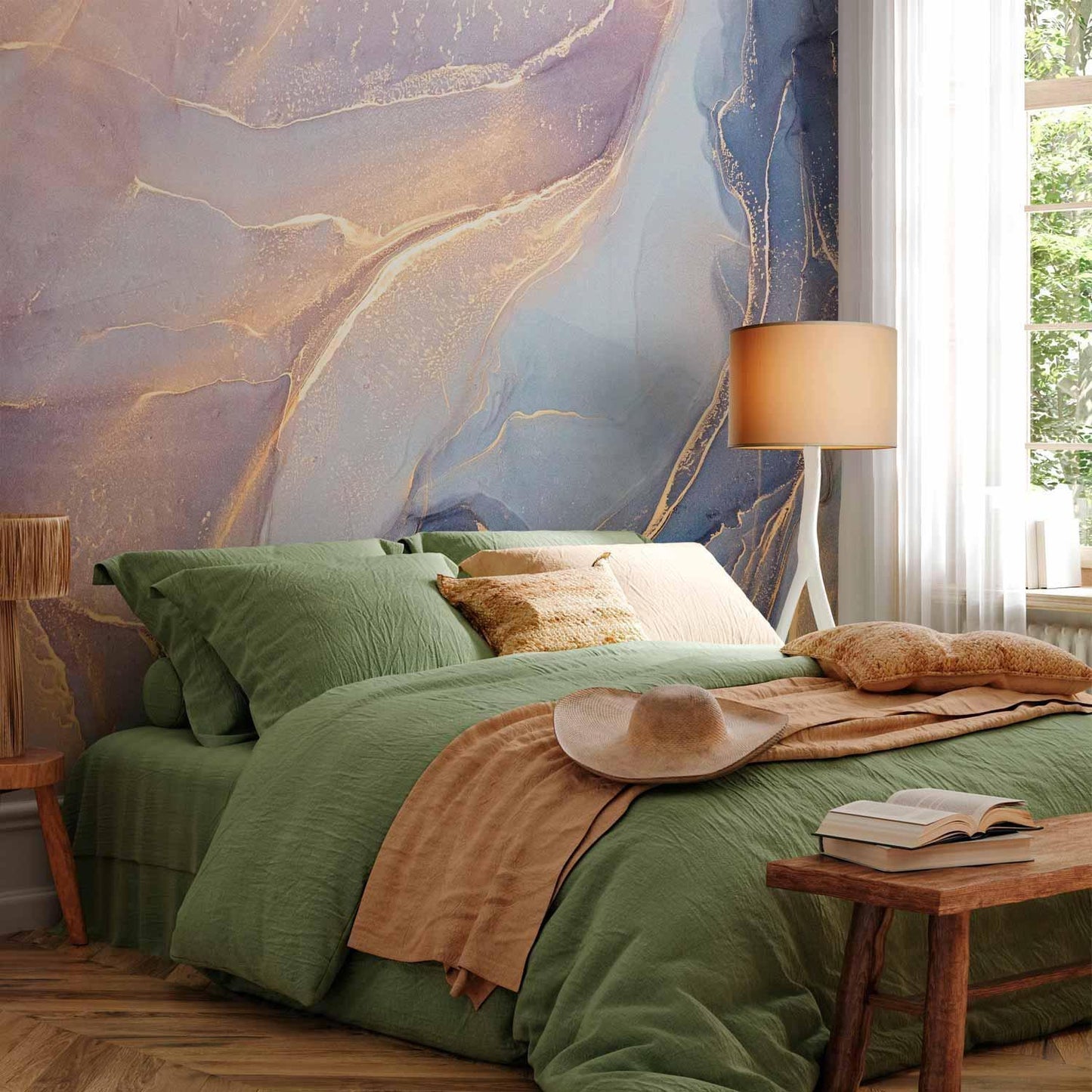 Fototapete - Pink and Blue Marble - Abstract Watercolour With Gold Accent