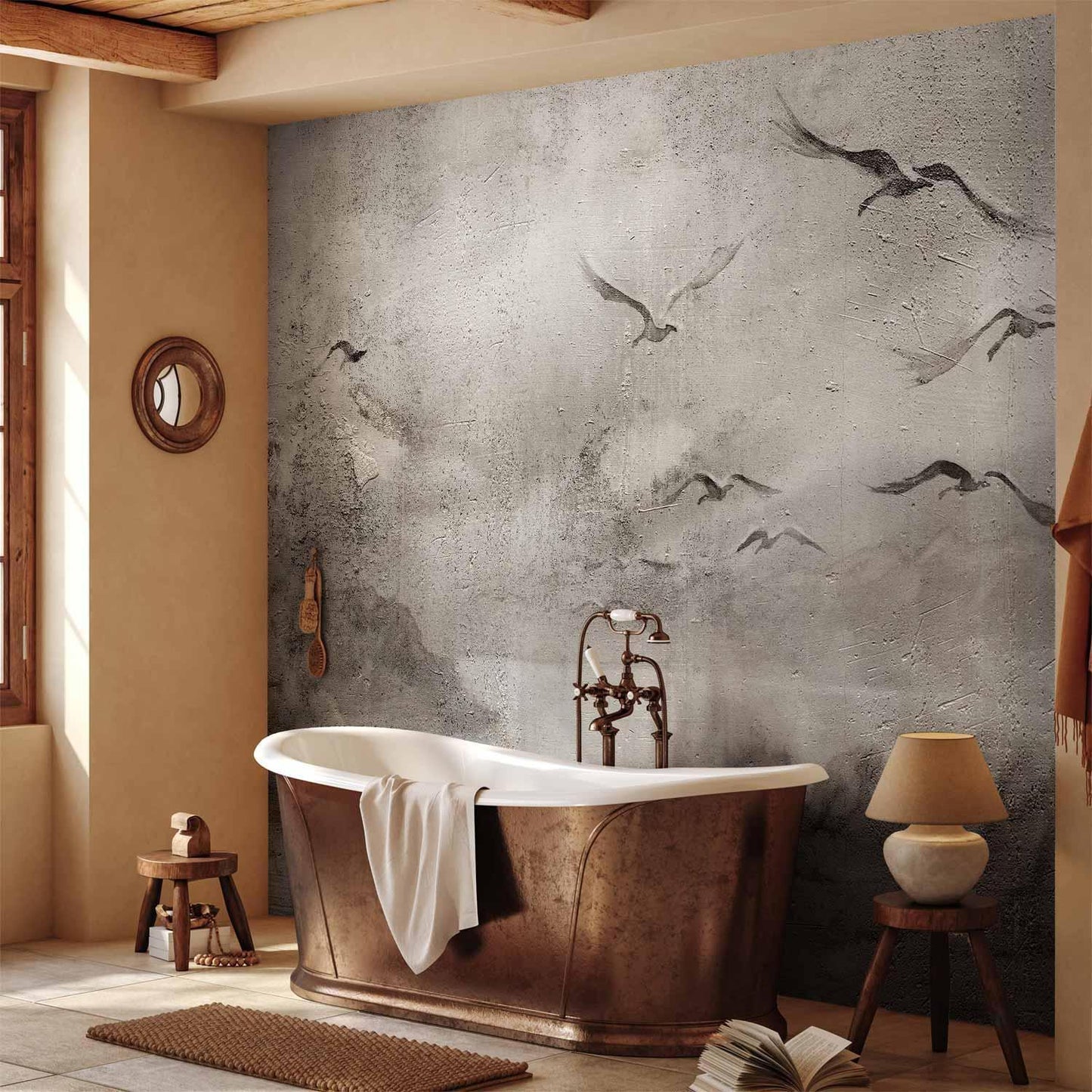 Fototapete - Swan flight - abstract landscape of birds over a lake with texture