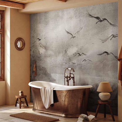 Fototapete - Swan flight - abstract landscape of birds over a lake with texture