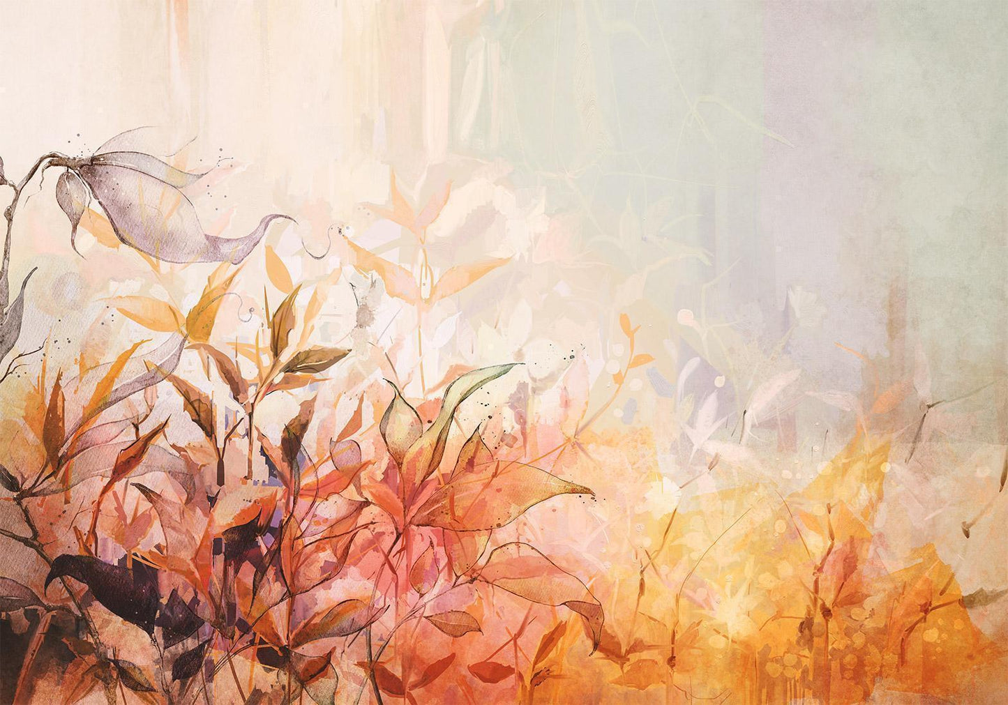 Fototapete - Flaming meadow - nature landscape with meadow of flowers and leaves in watercolour style Artgeist