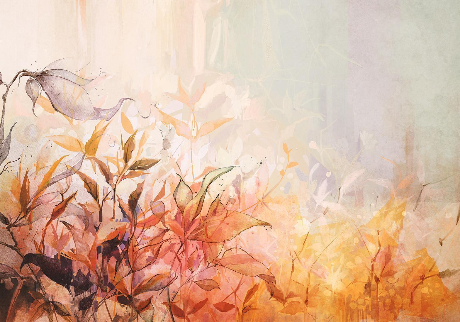 Fototapete - Flaming meadow - nature landscape with meadow of flowers and leaves in watercolour style Artgeist