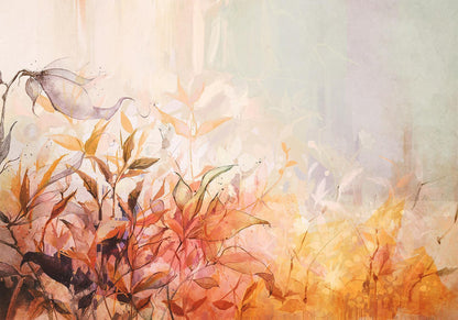 Fototapete - Flaming meadow - nature landscape with meadow of flowers and leaves in watercolour style Artgeist