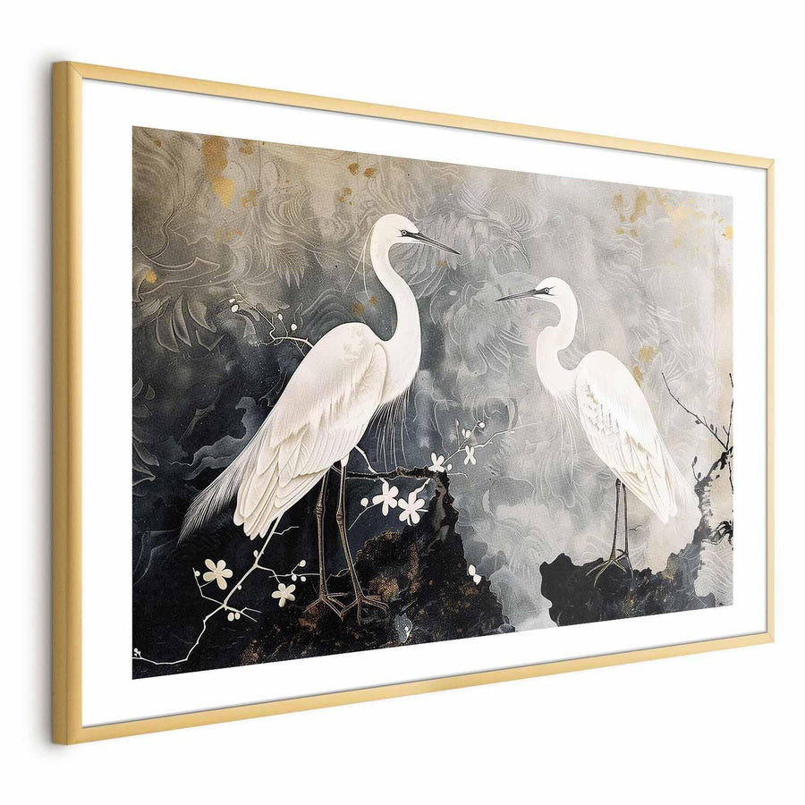 Poster - Herons and Cherry Blossom - oriental-style illustration depicting birds Artgeist