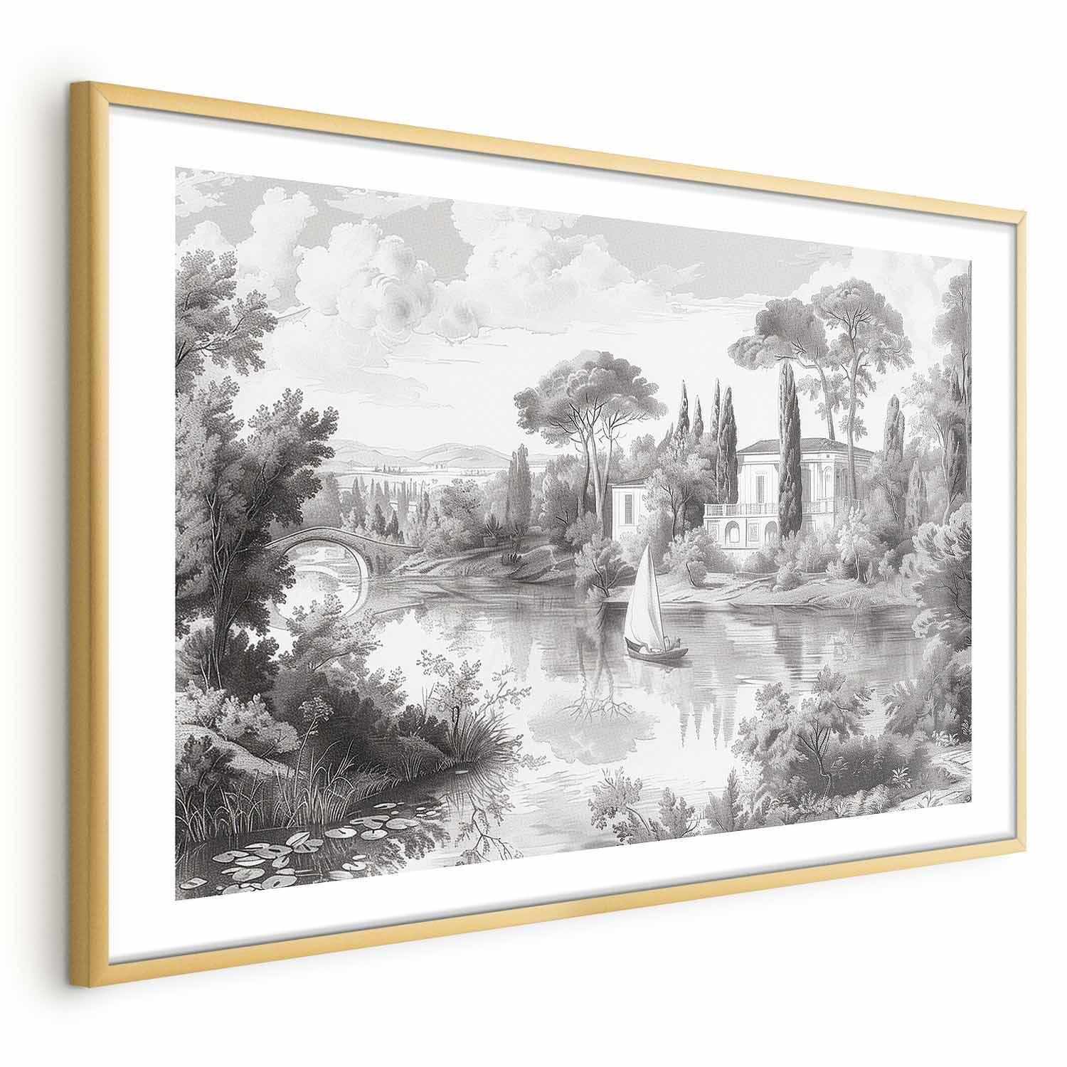 Poster - Black-and-White Vintage Landscape with a Pond Artgeist