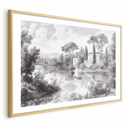 Poster - Black-and-White Vintage Landscape with a Pond Artgeist