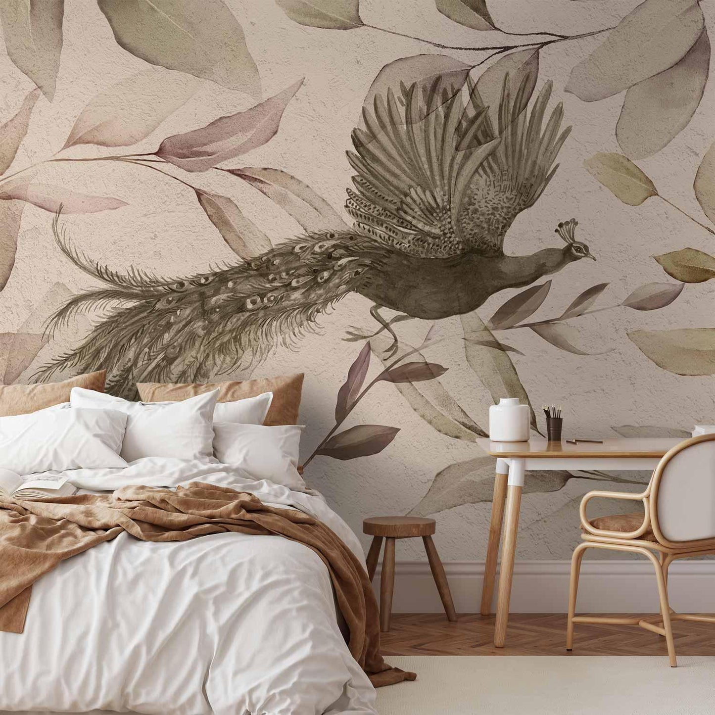 Fototapete - Bird among the leaves - floral motif with a flying peacock in cool tones Artgeist