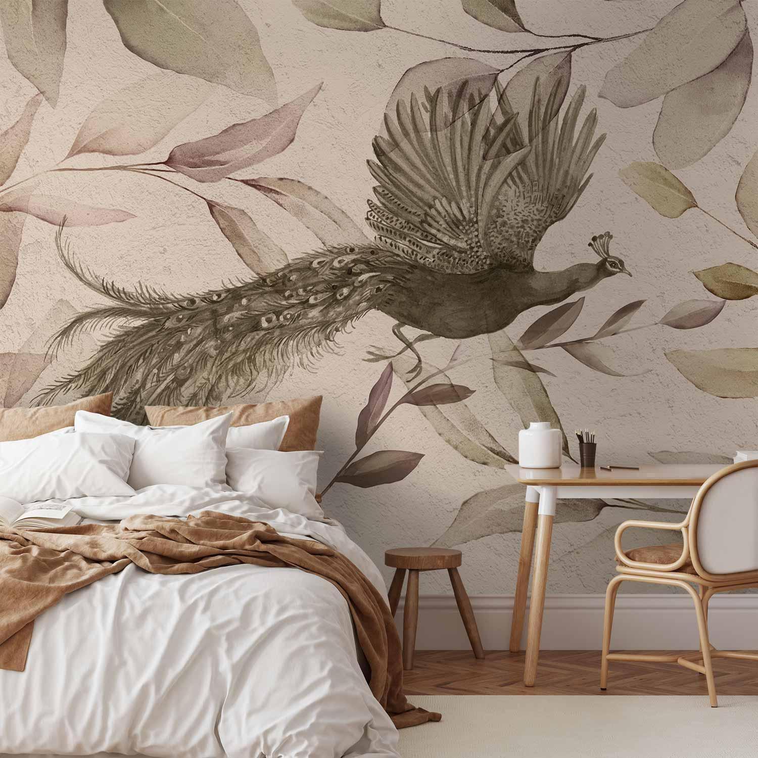 Fototapete - Bird among the leaves - floral motif with a flying peacock in cool tones Artgeist