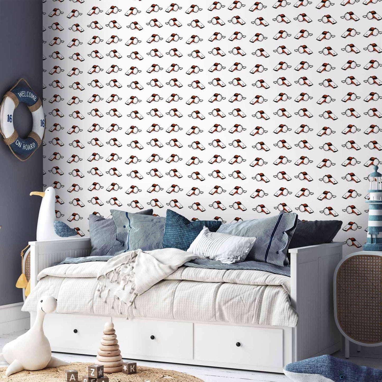 Tapete - Soccer Whistles - Black and white with red accents on a white background