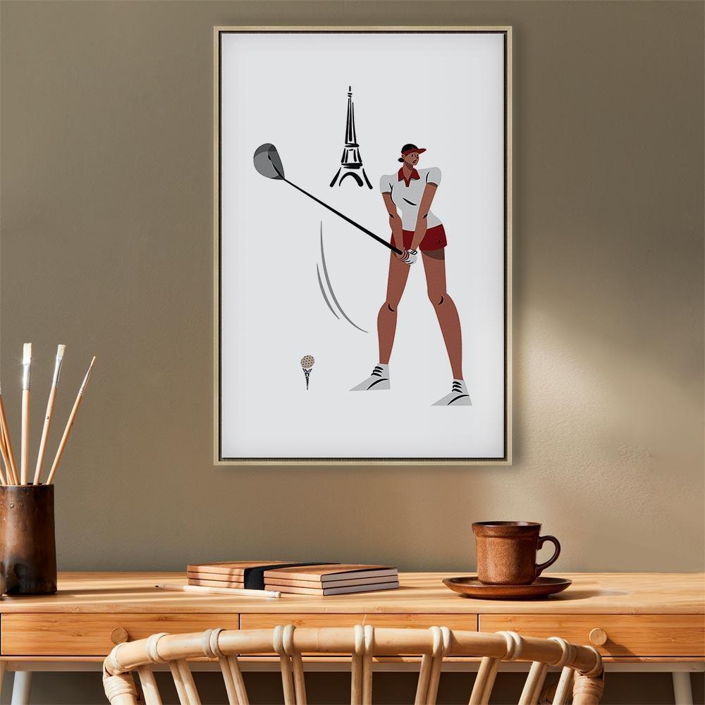 Leinwandbild - Female Golfer With the Eiffel Tower in the Background - Illustration