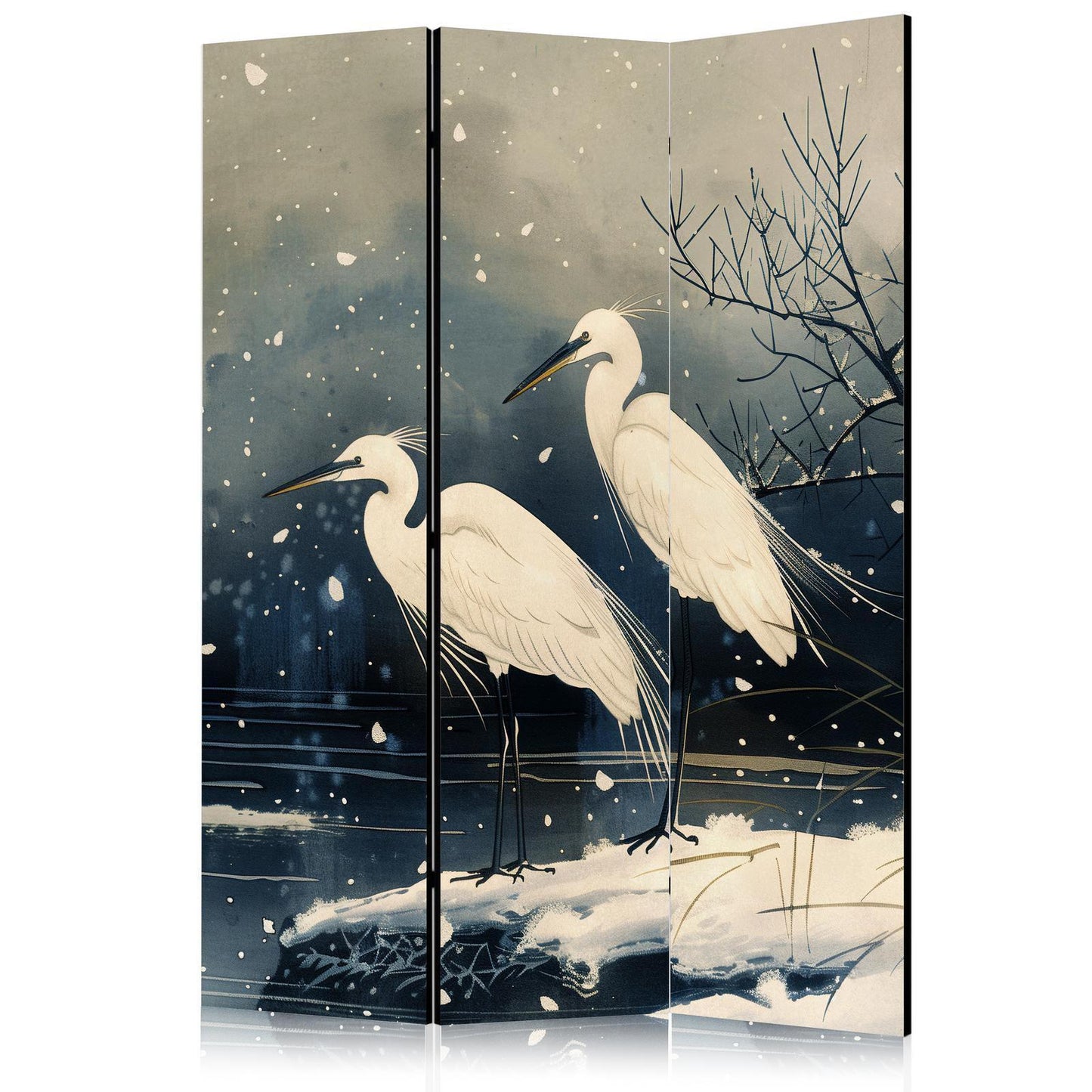Paravent - Herons over a winter pond - Japanese-style illustration in dark colours