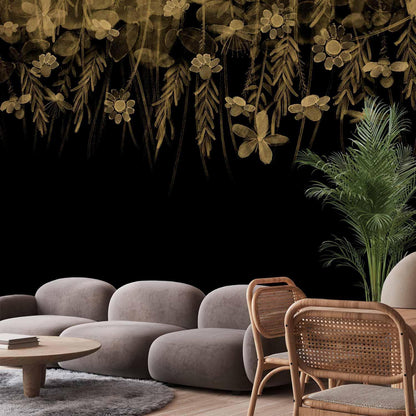 Fototapete - Nature landscape - black abstract nature motif with flowers in sepia