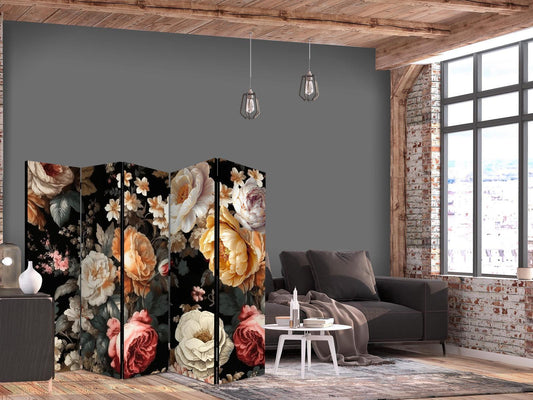 Paravent - Floristry in Vintage Style - a Plethora of Colorful Flowers on a Black Background Artgeist