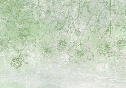 Fototapete - Flowery meadow - nature with field flowers lineart on green background Artgeist