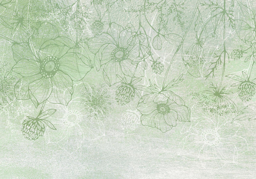 Fototapete - Flowery meadow - nature with field flowers lineart on green background Artgeist