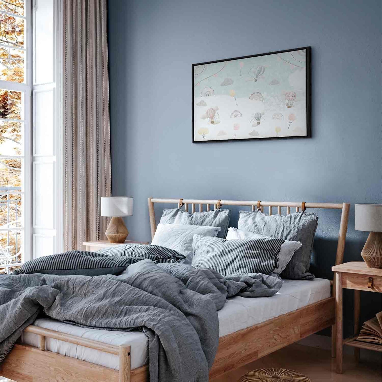 Leinwandbild - Sky with Balloons - Balloons in Subdued Colors Flying in the Sky Among Clouds Rainbows and Stars