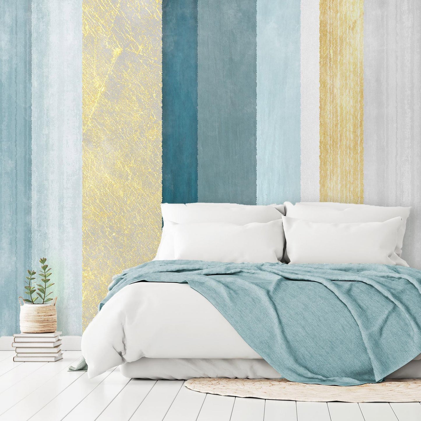 Fototapete - Striped pattern - abstract background in stripes in blue tones with gold pattern Artgeist
