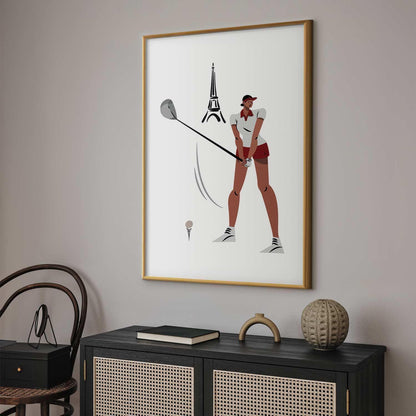 Poster - Illustration of a Female Golfer with the Eiffel Tower in the Background