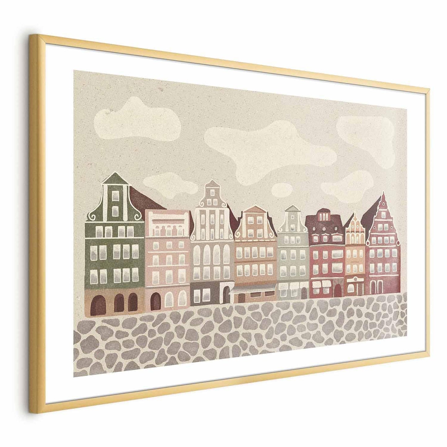 Colorful facades poster of historic Wrocław tenement houses with cobblestone street.