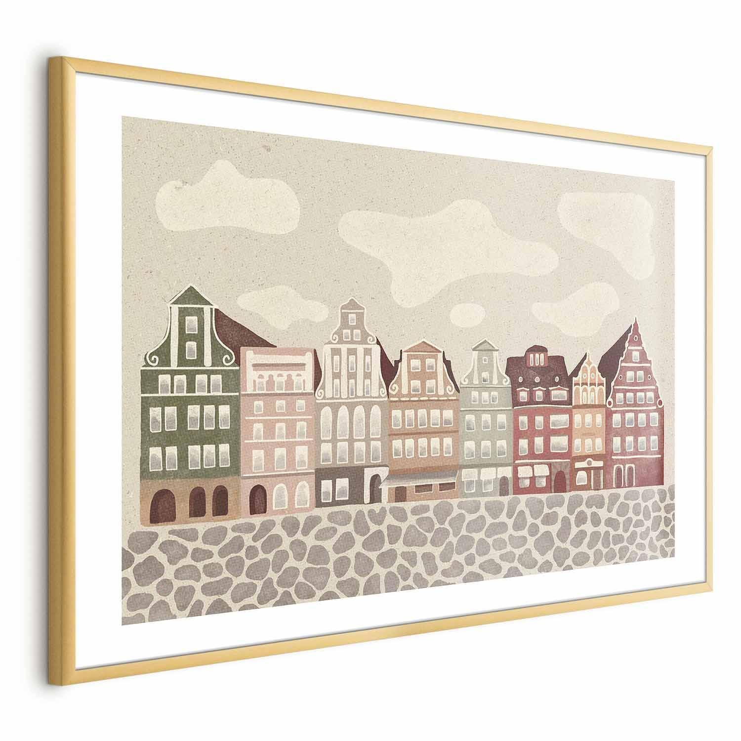 Colorful facades poster of historic Wrocław tenement houses with cobblestone street.