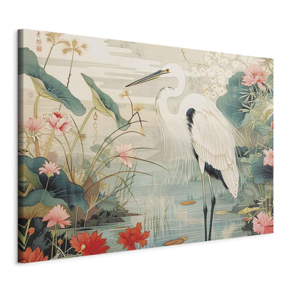Wandbild XXL - By an Asian pond - an illustration in the style of a Japanese engraving, depicting a heron