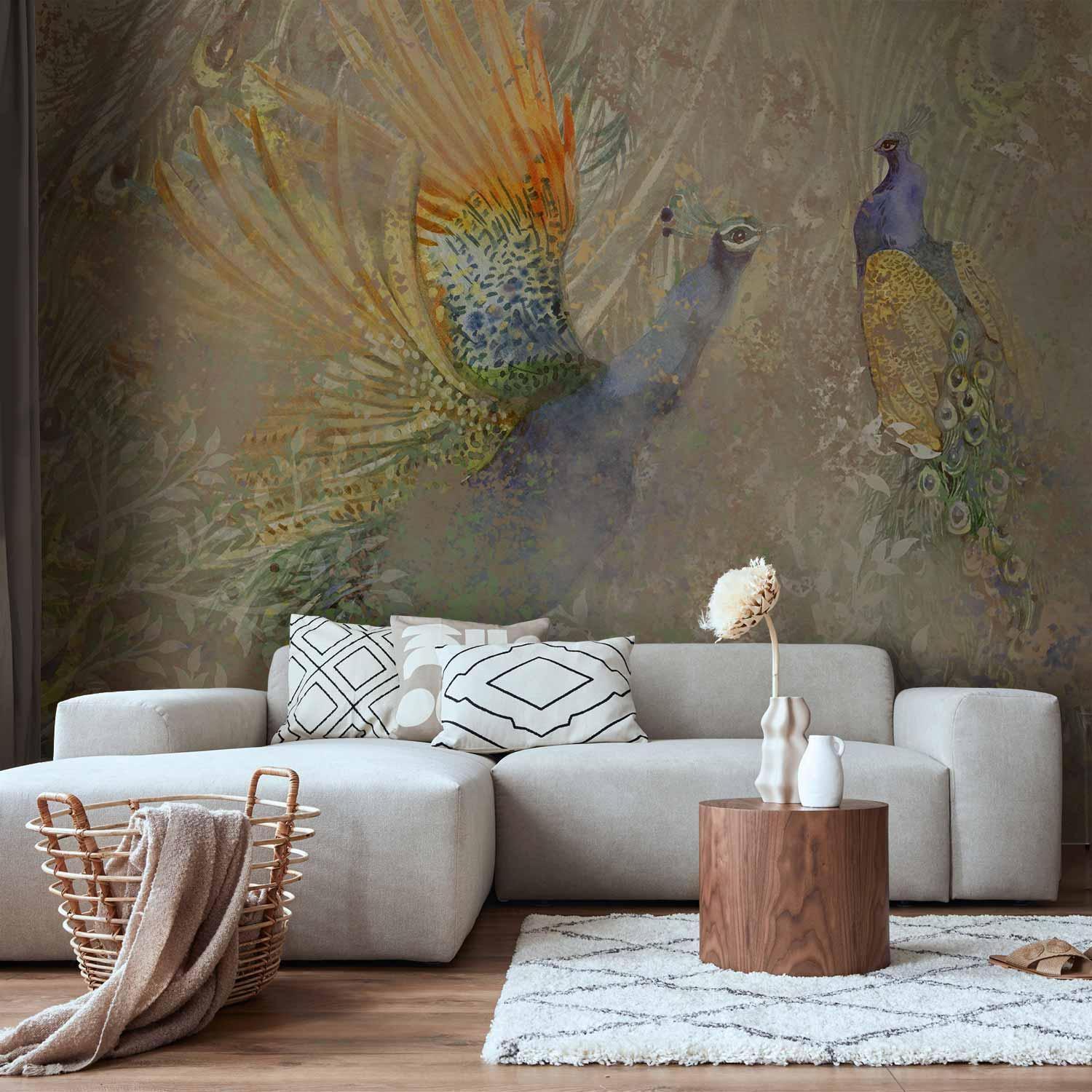 Fototapete - Tanzende-Pfauen | Elegante Pfauen mit kunstvollen Ornamenten Artgeist
