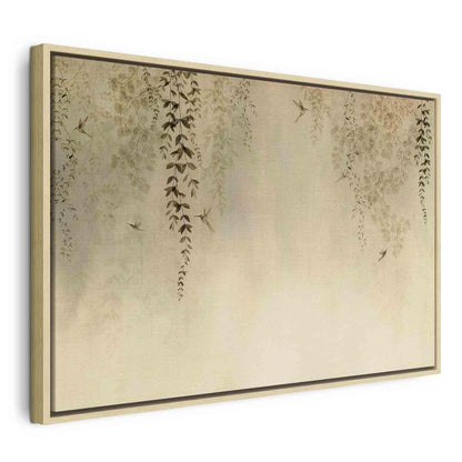 Leinwandbild - Spring Orchard - Hummingbirds Among Tree Branches in Beige Shades Artgeist
