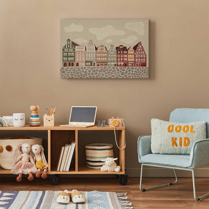 Leinwandbild - Salt Square - Colorful Illustrated Townhouses Against a Cloudy Sky Background