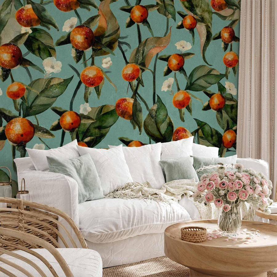 Fototapete - Orange grove - plant motif with fruit and leaves on a blue background Artgeist