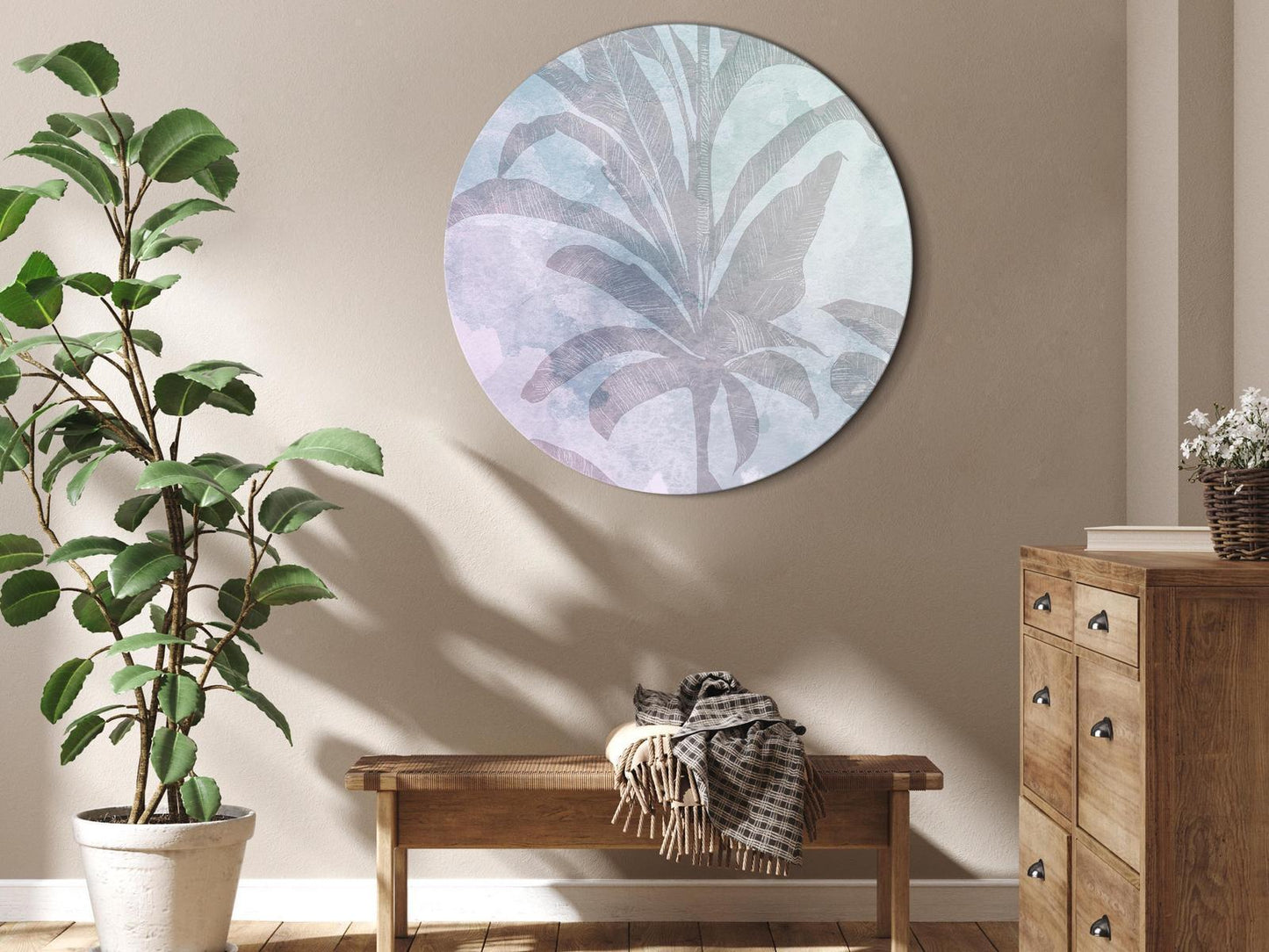 Rundes Bild - Palm trees in the fog - Palm trees among pastel clouds in purple and celadon tones