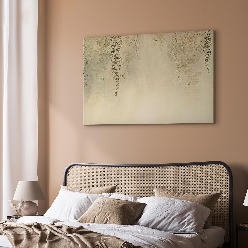 Leinwandbild - Spring Orchard - Hummingbirds Among Tree Branches in Beige Shades