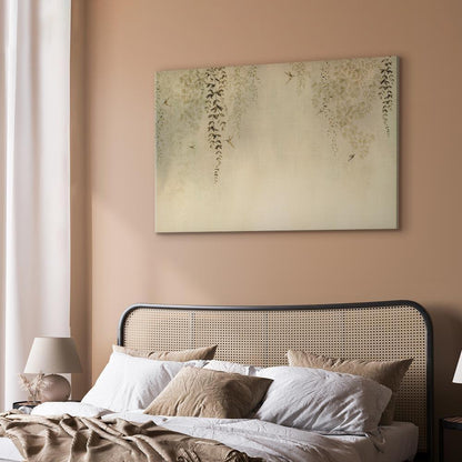 Leinwandbild - Spring Orchard - Hummingbirds Among Tree Branches in Beige Shades