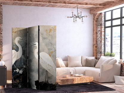 Paravent - Herons and cherry blossoms - oriental-style illustration depicting birds