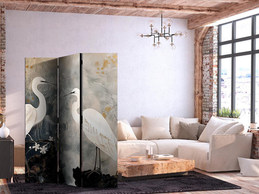 Paravent - Herons and cherry blossoms - oriental-style illustration depicting birds