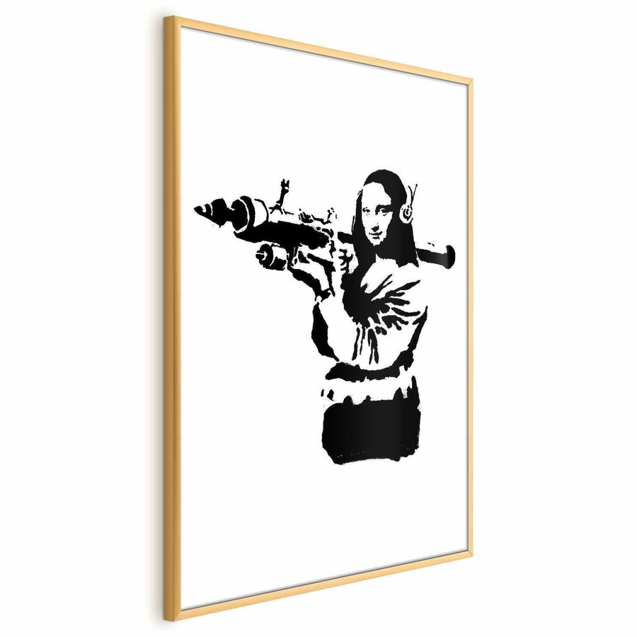 Banksy-style Mona Lisa poster with rocket launcher in gold frame.