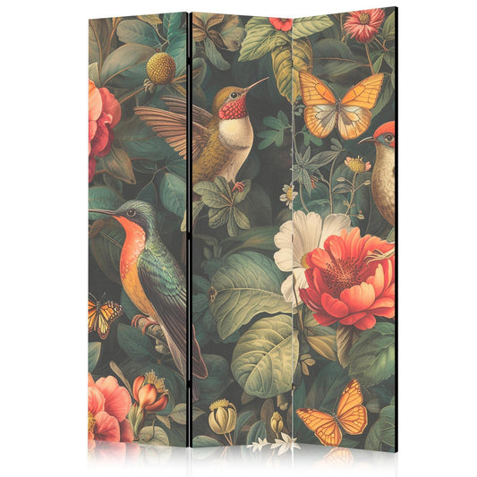 Paravent - In the Botanical Garden - Flowers Birds and Butterflies - Colorful Illustration Artgeist