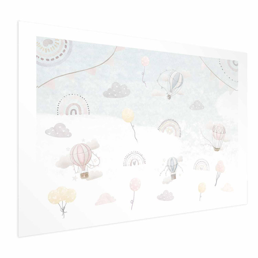 Poster featuring whimsical hot air balloons among clouds and rainbows.