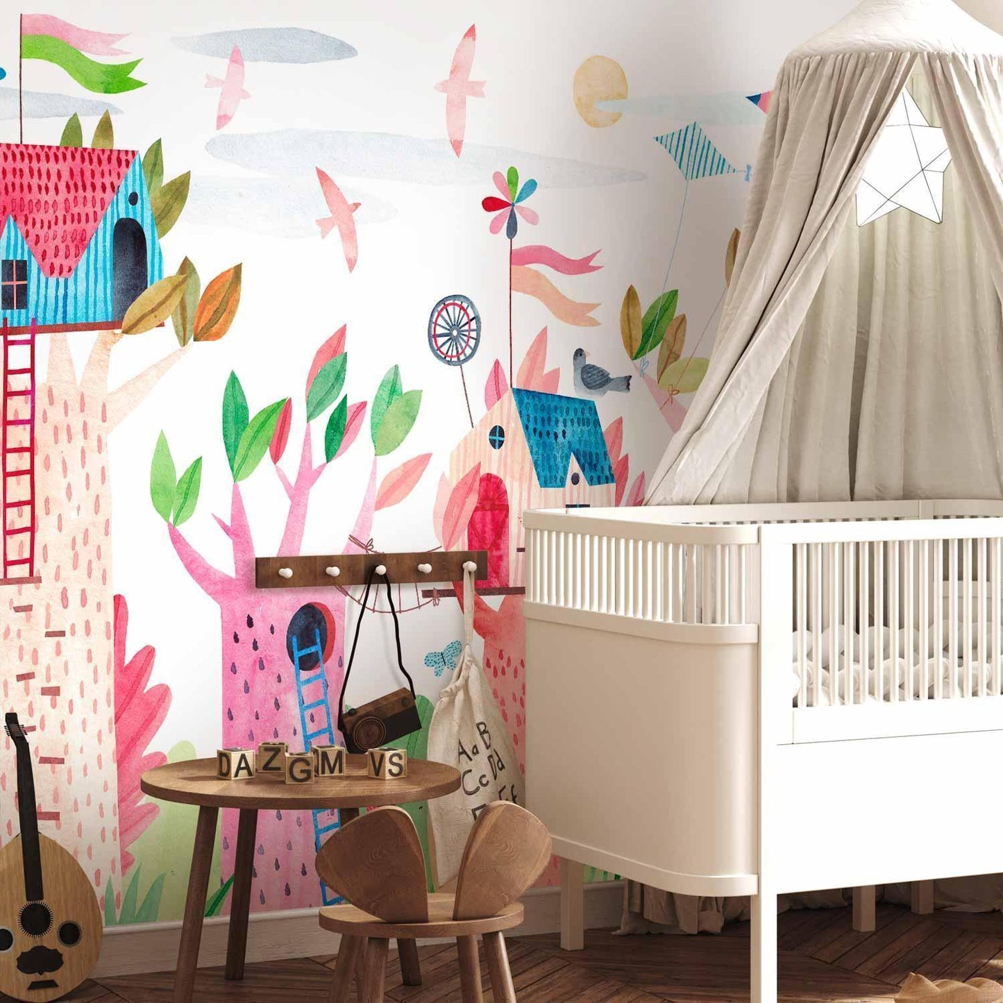 Fototapete - Painted tree houses - a colourful fantasy with kites for children