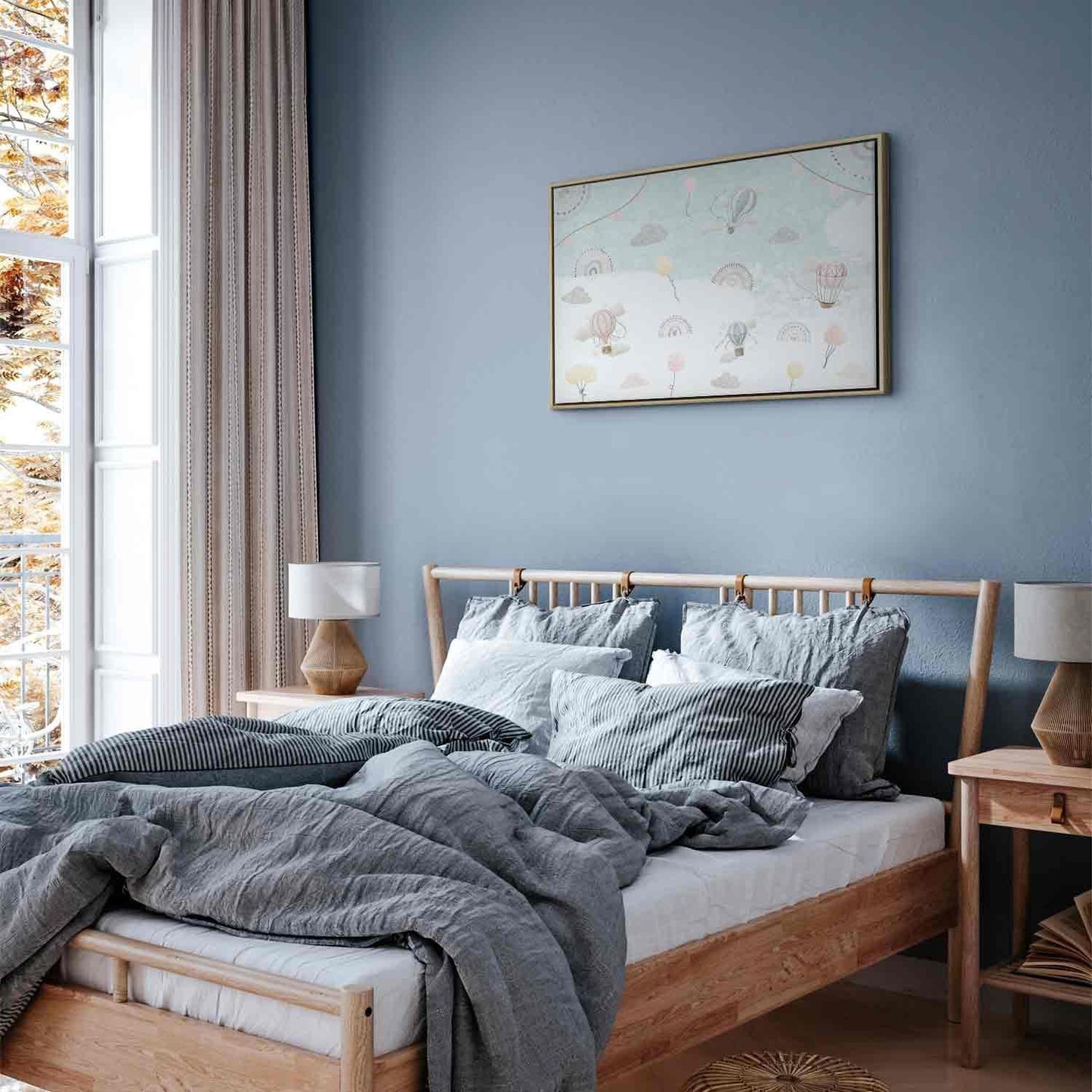 Leinwandbild - Sky with Balloons - Balloons in Subdued Colors Flying in the Sky Among Clouds Rainbows and Stars