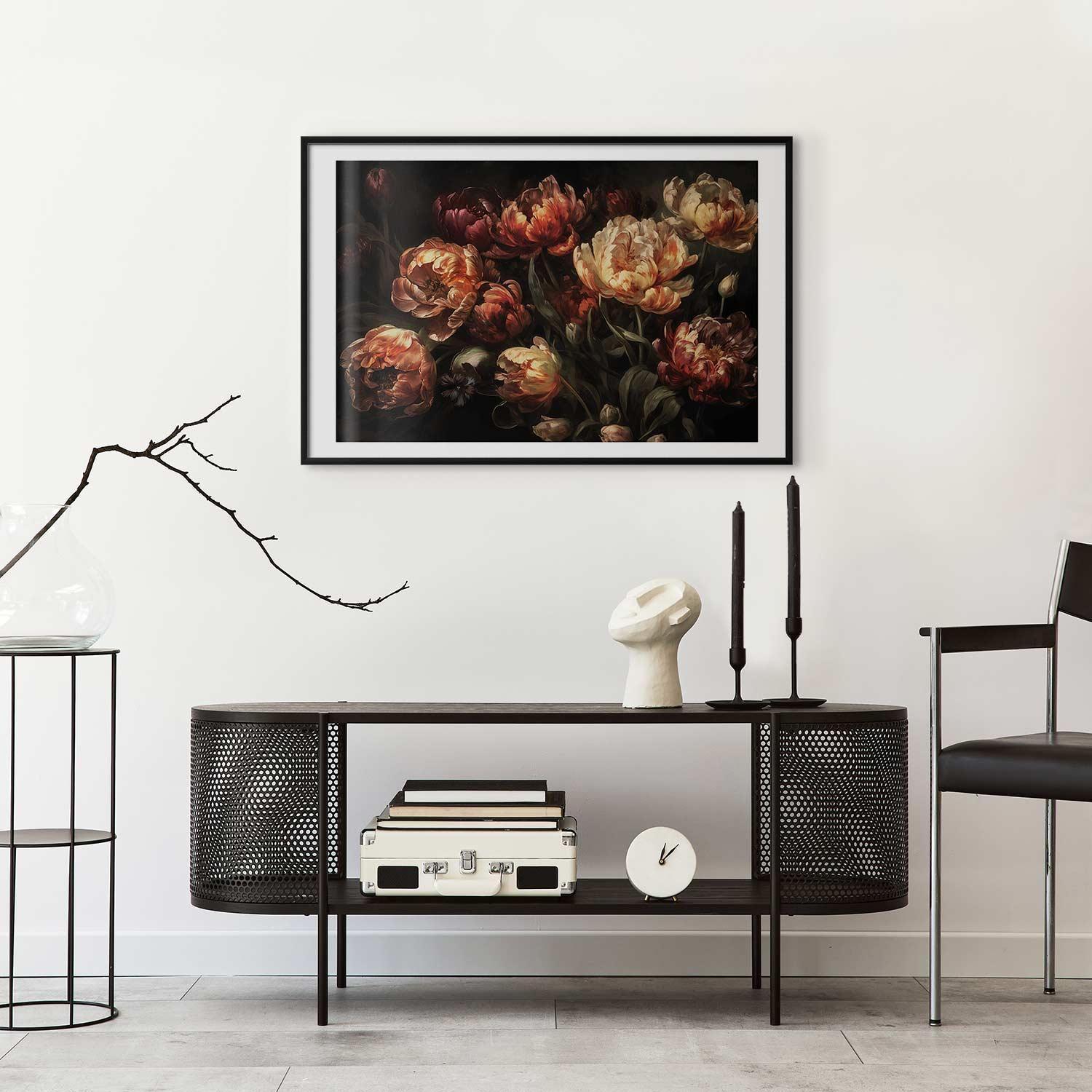 Blooming Tulips poster in elegant frame on modern living room wall.