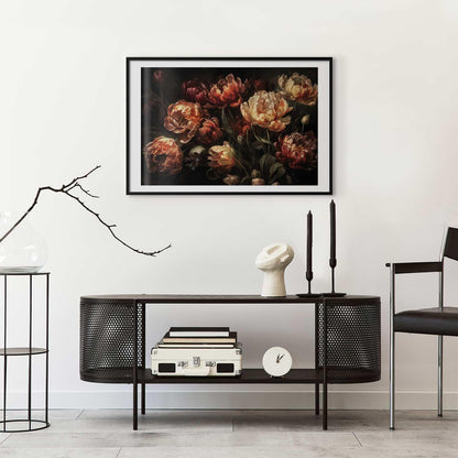 Blooming Tulips poster in elegant frame on modern living room wall.