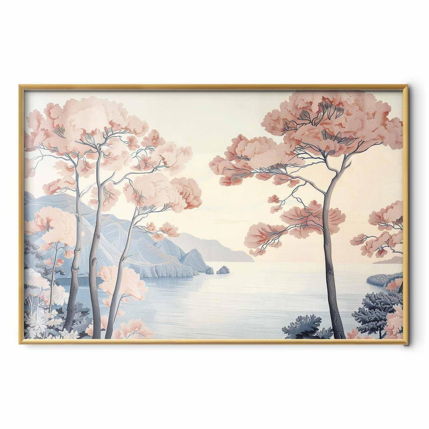Poster - Ocean Cliffs and Trees Delicate Motif in Pastel Colors